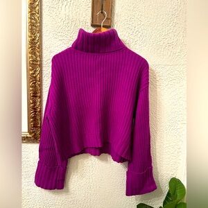 Chunky cropped wool-blend purple turtleneck sweater w/ wide bell sleeves, size M